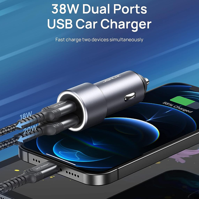 Jsaux Dual Port USB / Type C Car Charger 38W Grey