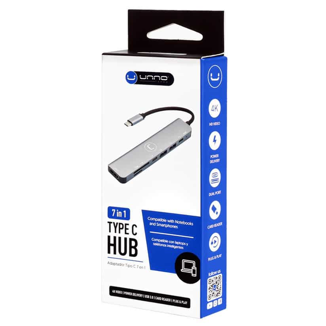 UNNO Hub Type C 7 in 1 HDMI + 1-USB C 3.0 + 2-USB A 3.0 + SD/SD + PD - HB1107SV