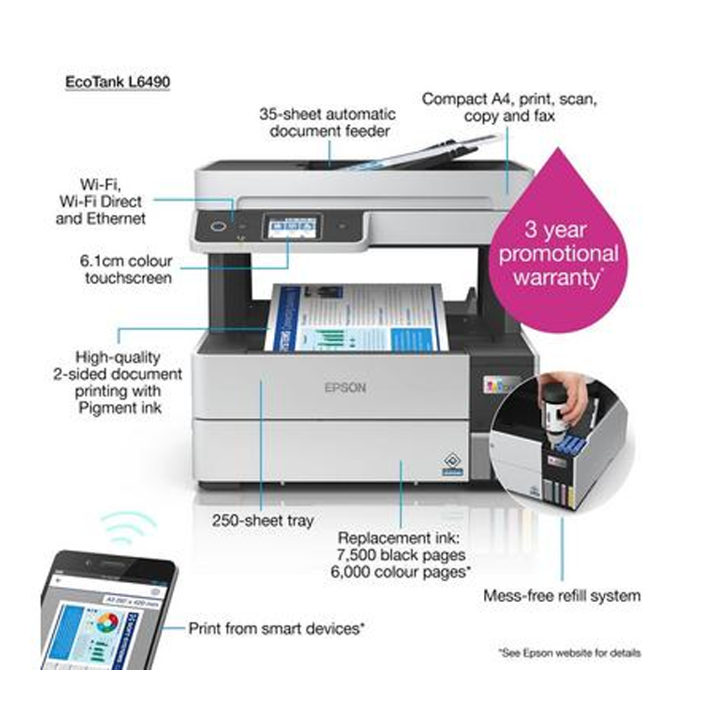 EPSON L6490 EcoTank Full Duplex Print Scan Copy WiFi Water Proof Ink