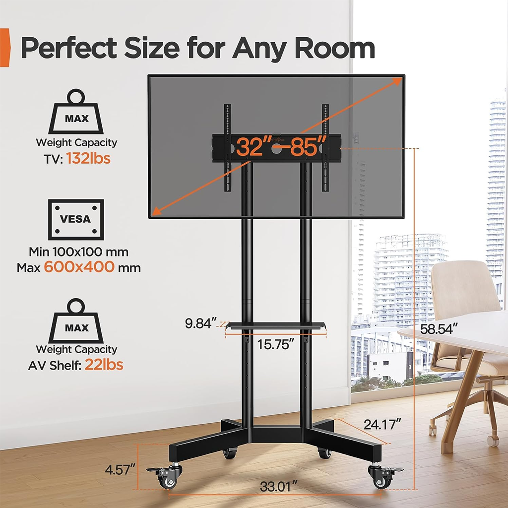 Perlegear Rolling TV Stand for 3285 Inch Screens up to 132 lbs