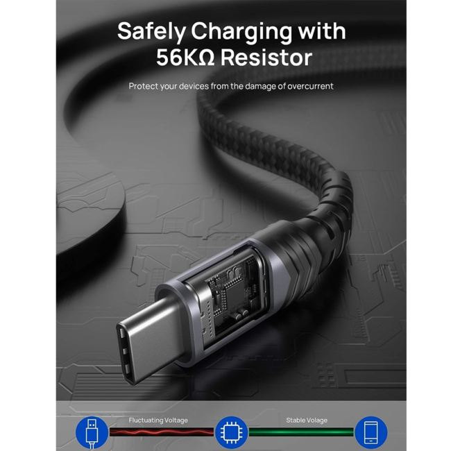 Jsaux USB-C to USB-A Flat Braided Charging Cable 2m Grey