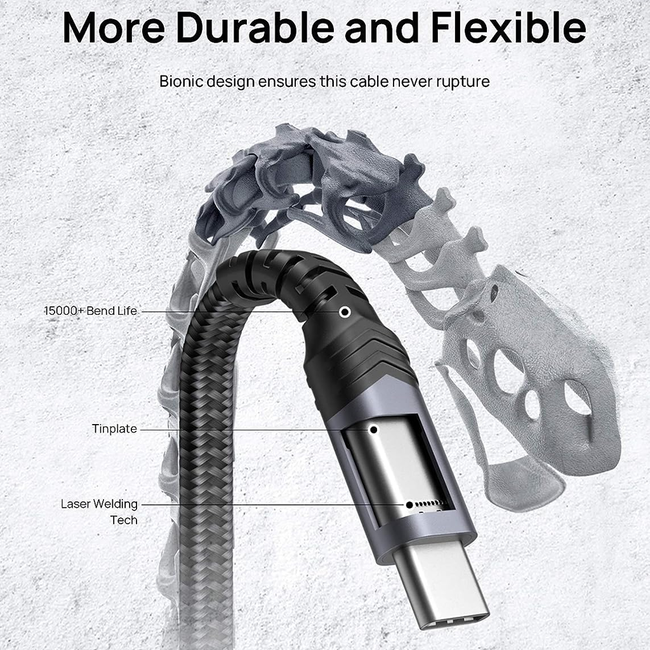 Jsaux USB-C to USB-A Flat Braided Charging Cable 2m Grey