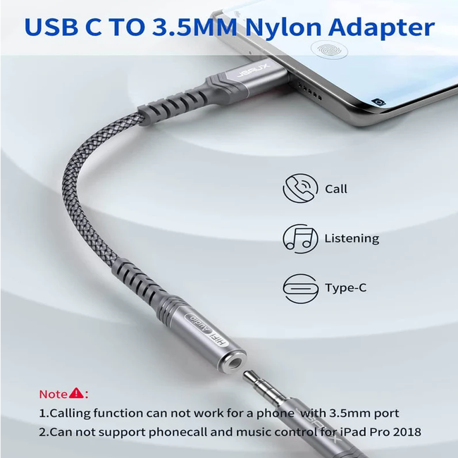 Jsaux Audio Cable USB-C to 3.5mm Female Grey Braided