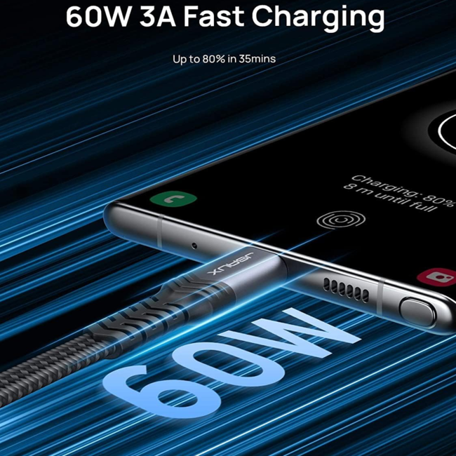 Jsaux USB-C to USB-A Flat Braided Charging Cable 2m Grey