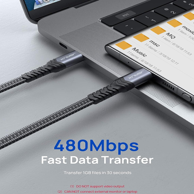 Jsaux USB-C to USB-A Flat Braided Charging Cable 2m Grey