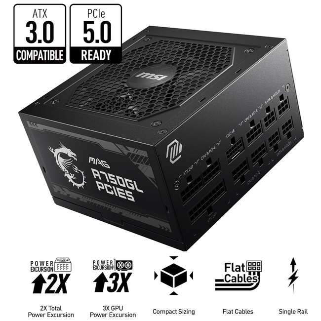 MSI 750W MAG Power Supply 80 Plus Gold A750GL