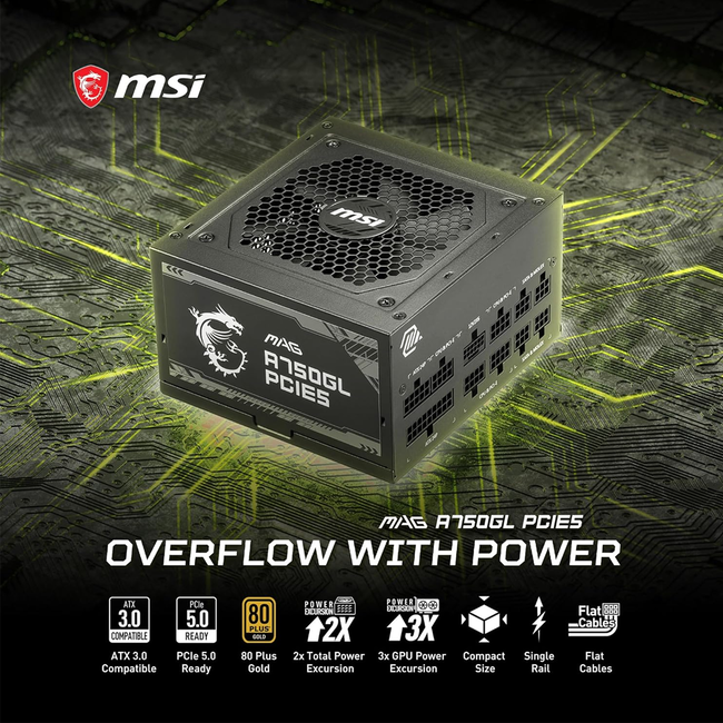 MSI 750W MAG Power Supply 80 Plus Gold A750GL