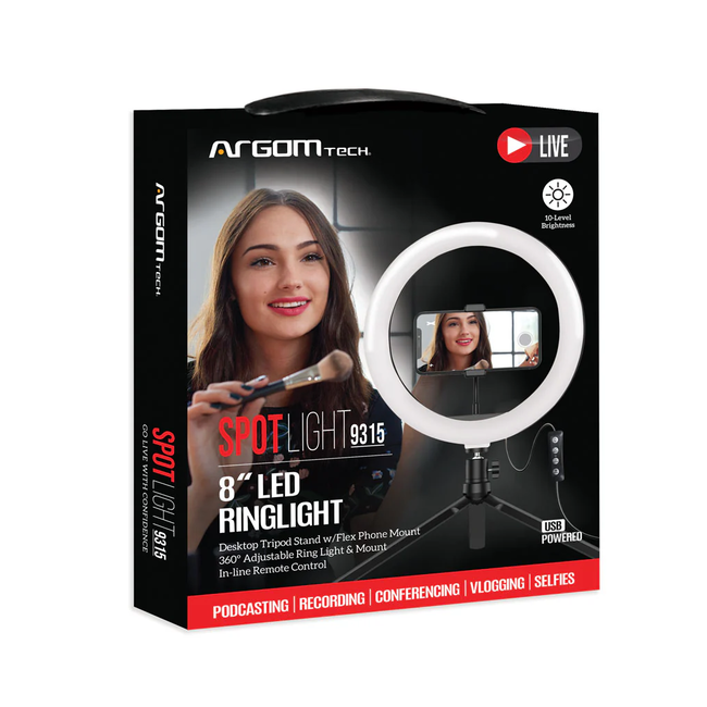 Argom 8" LED Ring Light USB Powered ARG-LP-9315BK