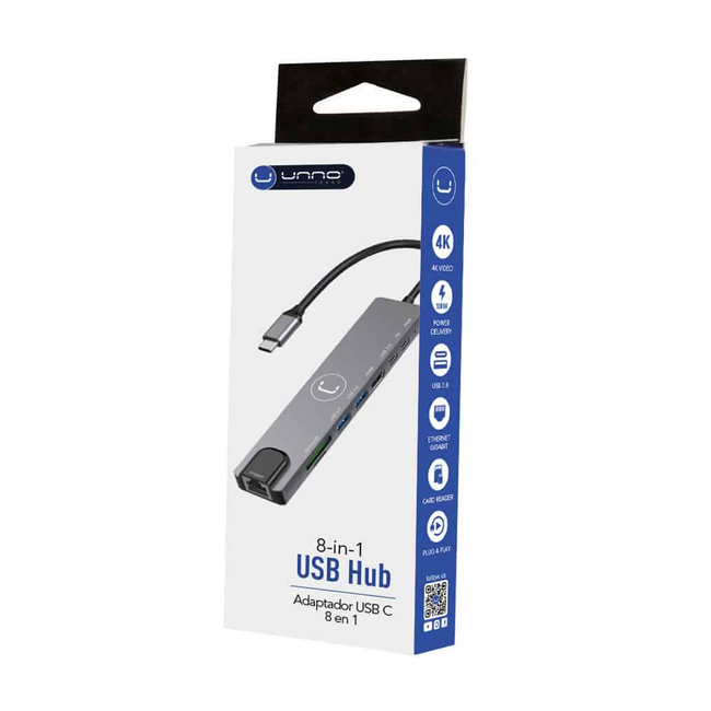 UNNO Hub Type C 8 in 1 HDMI + USB-A 3.0 x 2 + USB-C x 1 + MSD & SD + LAN + PD