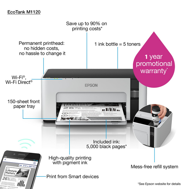 Epson Ecotank M1120 32PPM 150 Sheets Mono Printer C11CG96301