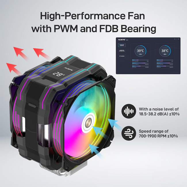 ALSEYE M120D Plus CPU Cooler with Temperature Display, Dual ARGB Intel LGA1700/1200/115X/2011/2066/1366 and AMD AM4/AM5