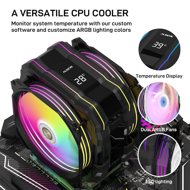 ALSEYE M120D Plus CPU Cooler with Temperature Display, Dual ARGB Intel LGA1700/1200/115X/2011/2066/1366 and AMD AM4/AM5