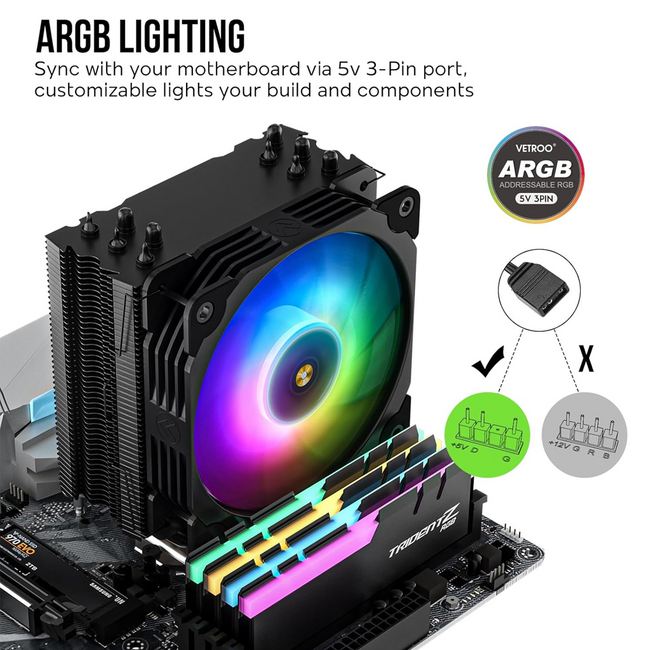 Vetroo V5 ARGB CPU Heatsink & Fan 120mm for Intel LGA 1851/1700/1200/115X AMD AM5/AM4