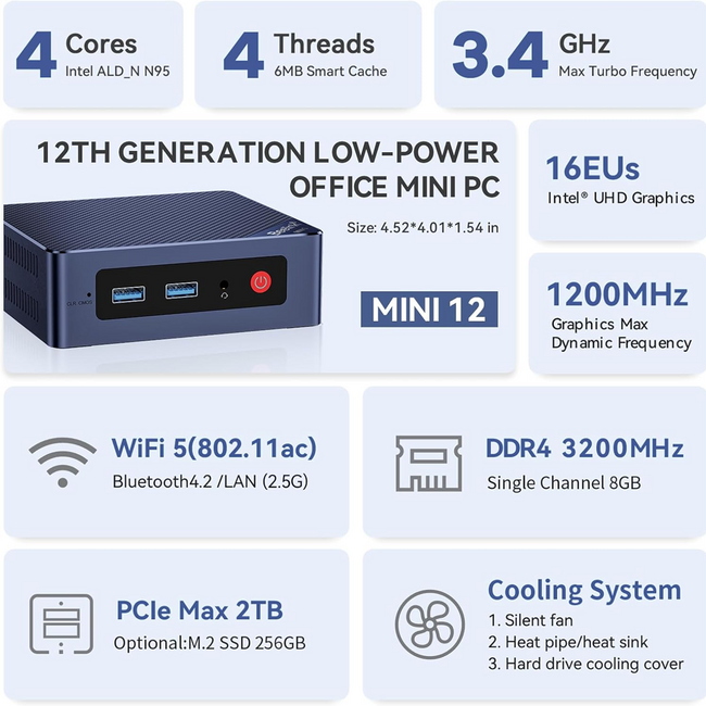 Beelink EQ Mini PC S12 N95 Intel Alder Lake-N95 (up to 3.4GHz),16GB DDR4 500GB M.2 SSD Mini Computer