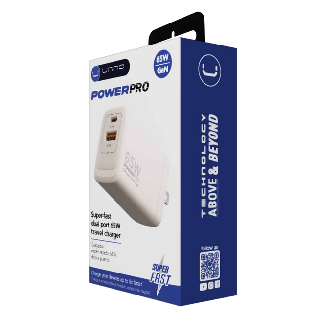 UNNO Wall Fast Charger GaN PD65W Dual Port Type A & C - PW5066WT