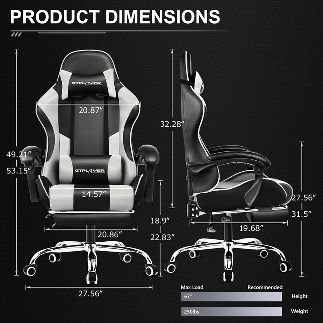 GTPlayer Adjustable Gaming Chair With Footrest & Lumbar Support (Snow White)