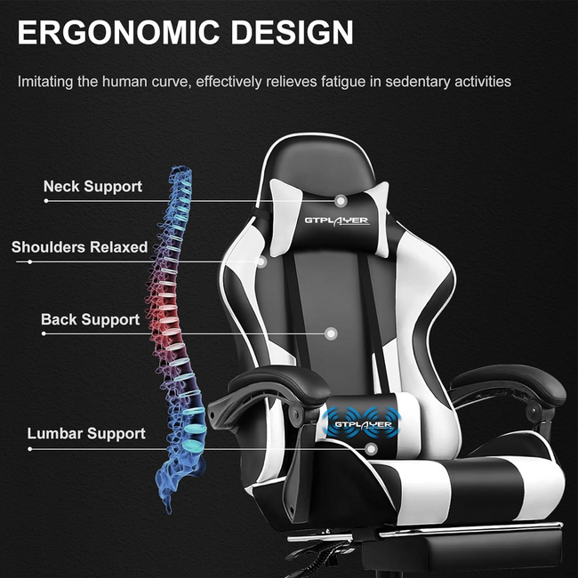 GTPlayer Adjustable Gaming Chair With Footrest & Lumbar Support (Snow White)