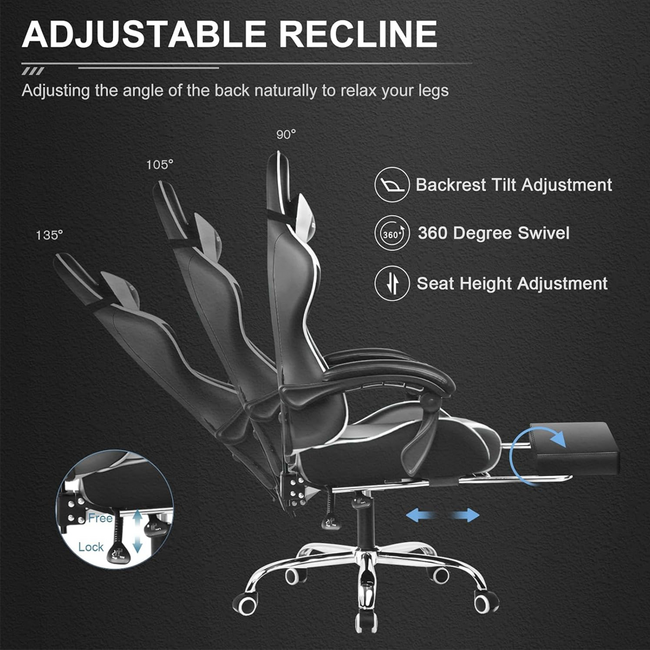 GTPlayer Adjustable Gaming Chair With Footrest & Lumbar Support (Snow White)