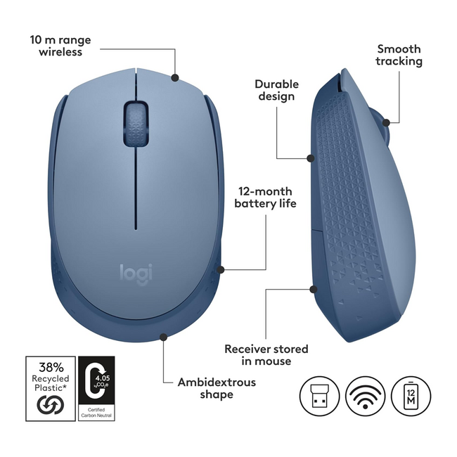 Logitech M170 Wireless Mouse Blue Grey Clamshell 910-006863