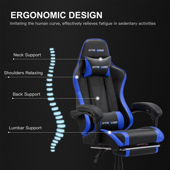 GTRacing Classic Gaming Chair Blue Leather Adjustable GTWD-200-BLUE