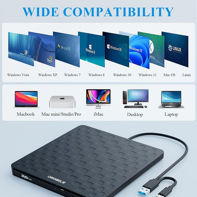 ORIGBELIE External CD/DVD-RW+/- Drive, Type-C or USB 3.0