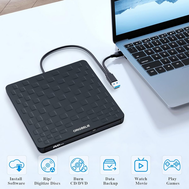 ORIGBELIE External CD/DVD-RW+/- Drive, Type-C or USB 3.0