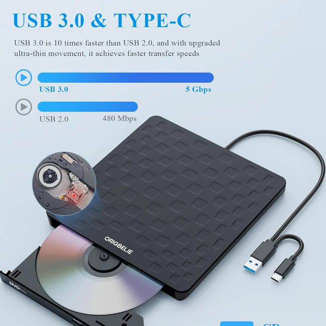 ORIGBELIE External CD/DVD-RW+/- Drive, Type-C or USB 3.0