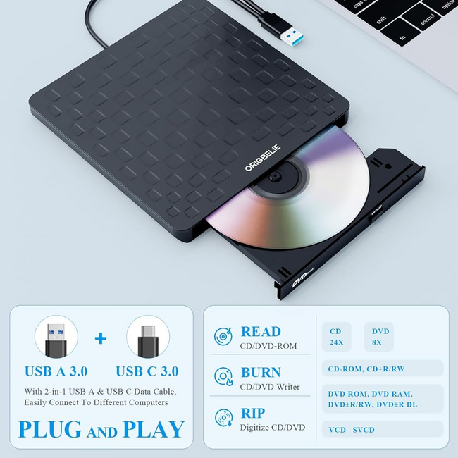 ORIGBELIE External CD/DVD-RW+/- Drive, Type-C or USB 3.0