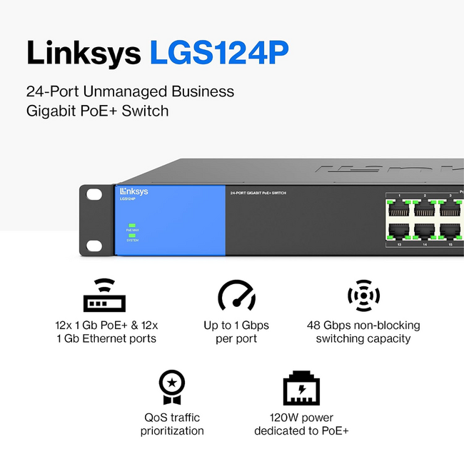 Linksys 24Port Gigabit POE+ Switch LGS124P