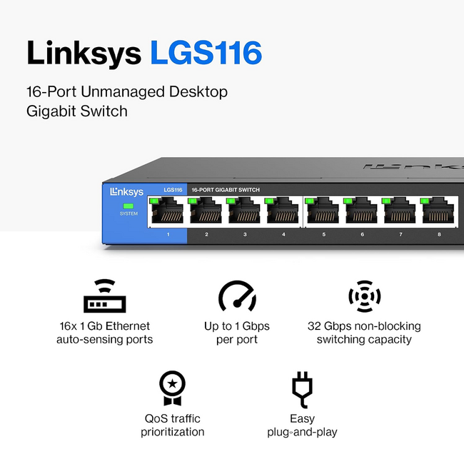 Linksys 16 Port Gigabit Swtich Metal LGS116