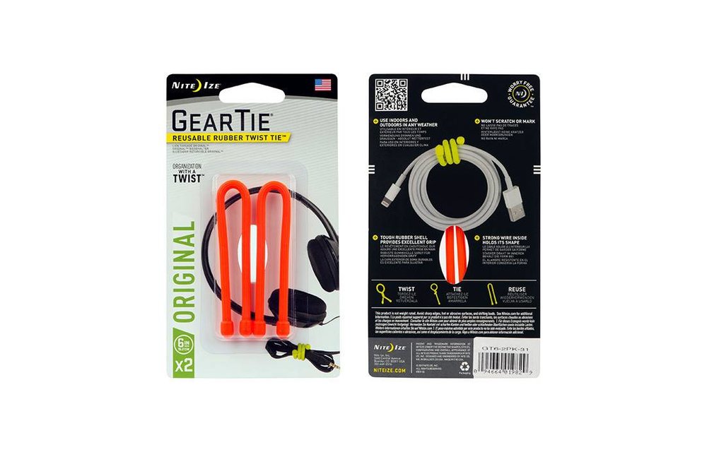 Gear Tie® Reusable Rubber Twist Tie™ 6 in. - 2 Pack - Bright Orange