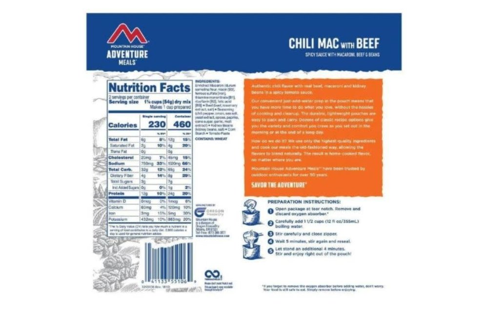 Mountain House Adventure meals Chili Mac with Beef CLEAN LABEL