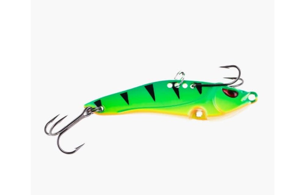 66009 Bladebait Fire Tiger Glow 1/2 oz Vertical Jig # 6 VMC double hook #6 VMC treble- lead free zinc body