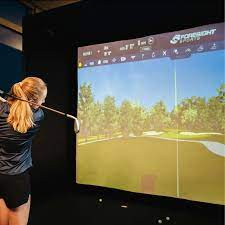 Women Playing Golf Indoors on Golf Simulator