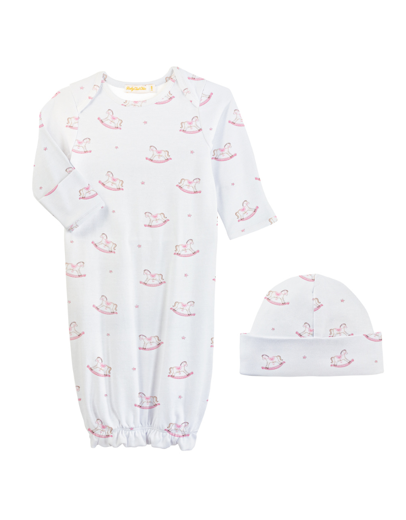 Baby Club Chic Baby Club Chic Cute Rocking Horse Pink Gown & Hat Set