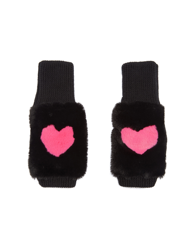 Jocelyn Jocelyn Faux Fur Heart Intarsia Mittens-Black/Pink