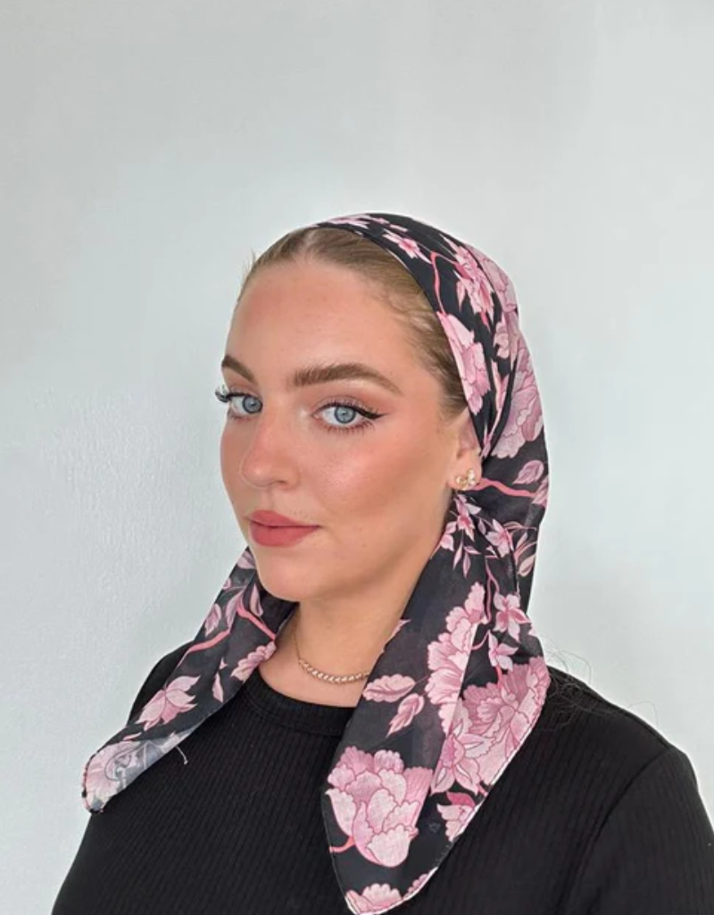 The Scarf Bar The Scarf Bar Pink Black Blossom Square Headscarf