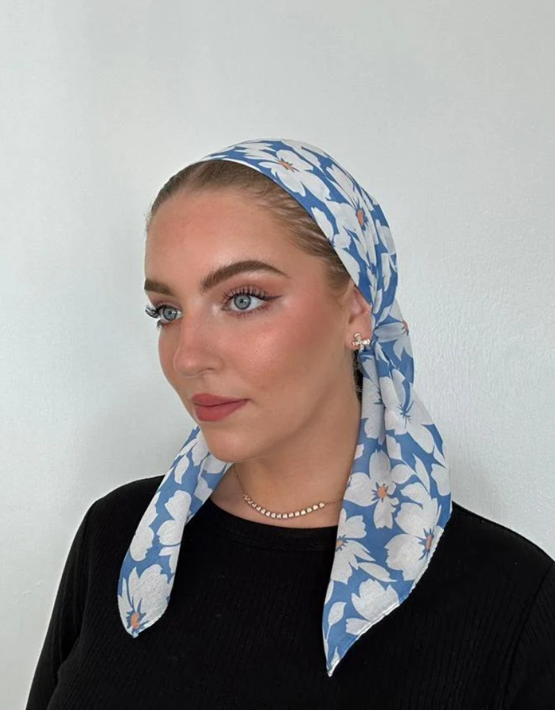 The Scarf Bar Daisy Blue Square HeadscarfShorter Size Tiptoe Boutique
