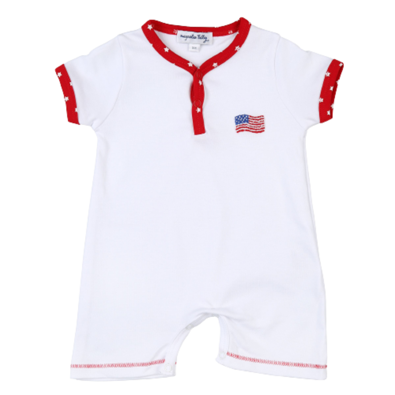 Magnolia Baby Magnolia Baby Tiny Red, White, and Blue Embroidered Front Snap Short Playsuit