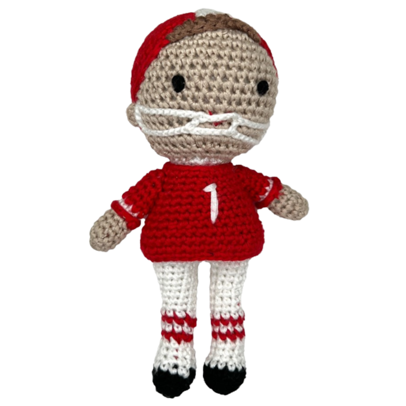 Zubels Zubels Football Player Bamboo Crochet Rattle - Red & White