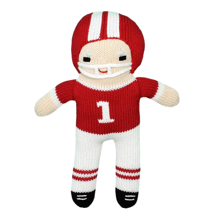 Zubels 7" Football Player Knit Rattle Red & White Bibs and Kids