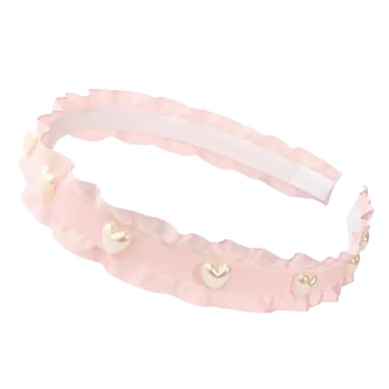 Lolo Pink Pearl Heart Double Ruffle Ribbon Headband