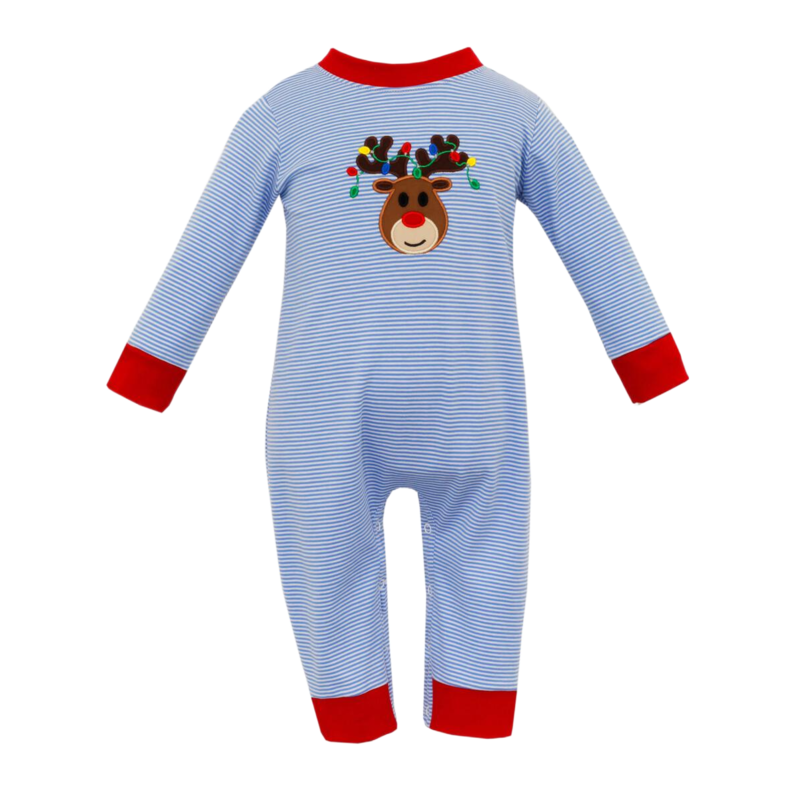 Claire & Charlie Claire & Charlie Blue Stripe Rudolph Long Romper