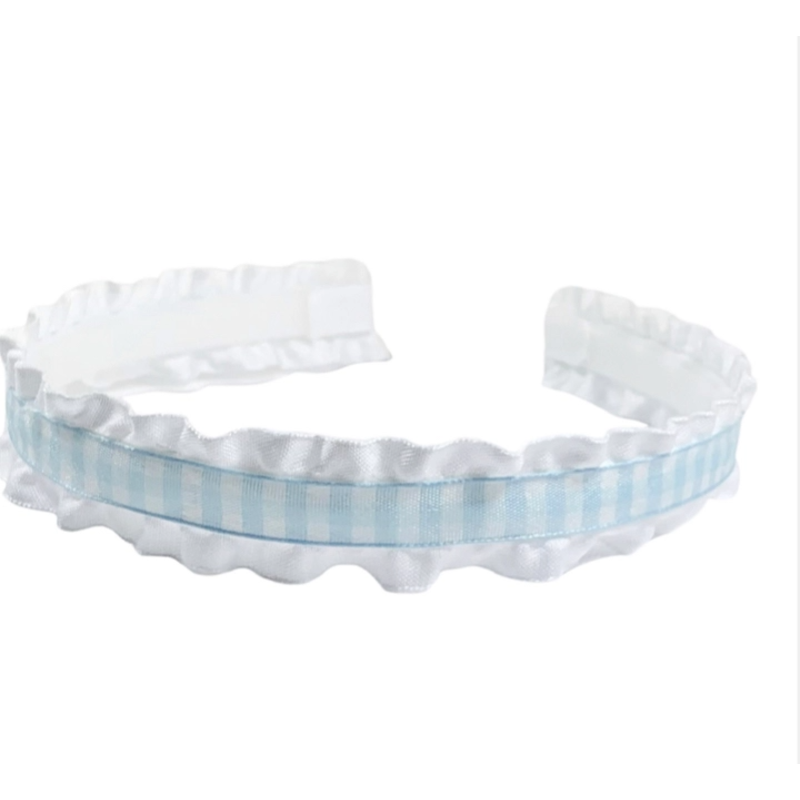 Lolo Light Blue Gingham Double Ruffle Headband