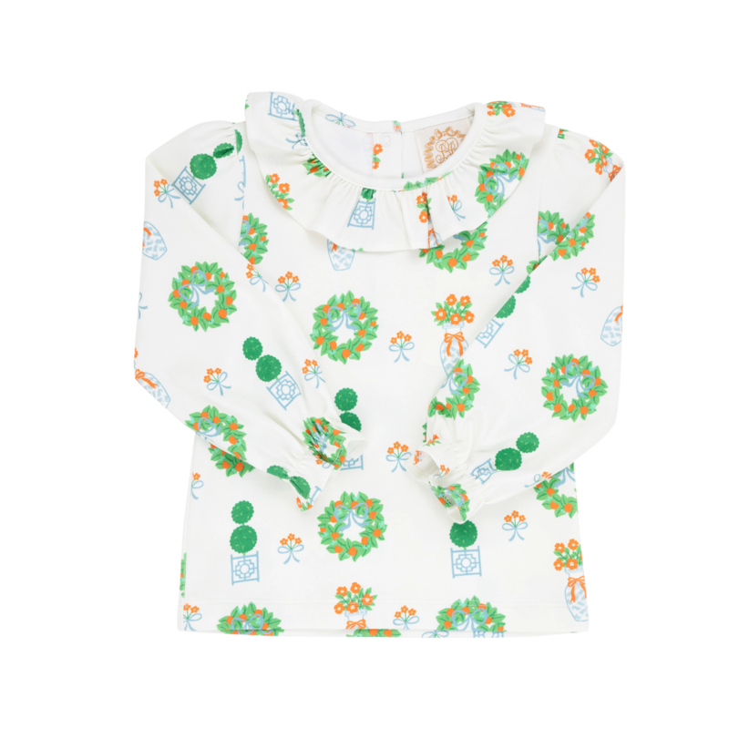 The Beaufort Bonnet Company The Beaufort Bonnet Company - Long Sleeve Ramona Ruffle Collar Shirt Topiaries & Tangerines With Palmetto Pearl Picot