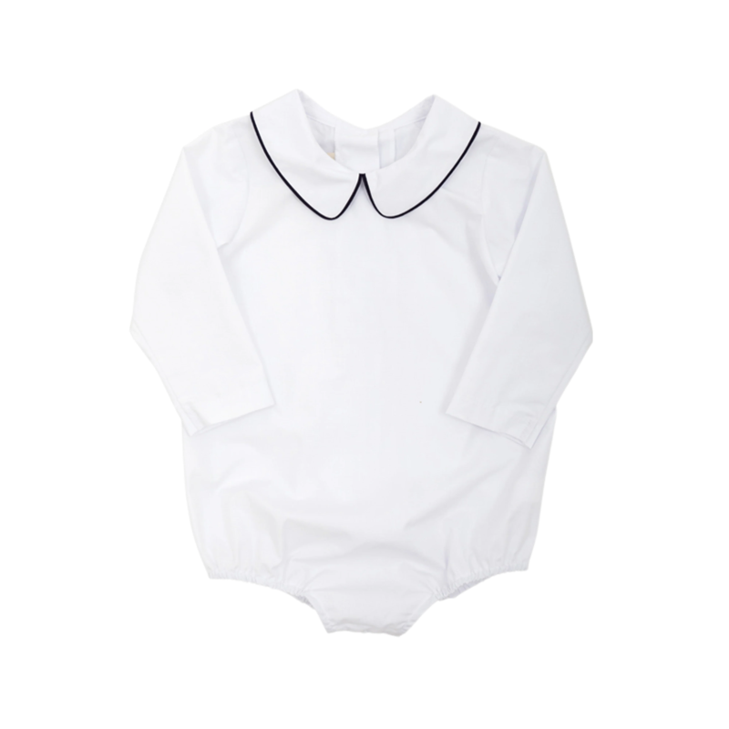 The Beaufort Bonnet Company The Beaufort Bonnet Company - Peter Pan Collar Onesie (Long Sleeve Woven) Worth Avenue White With Nantucket Navy