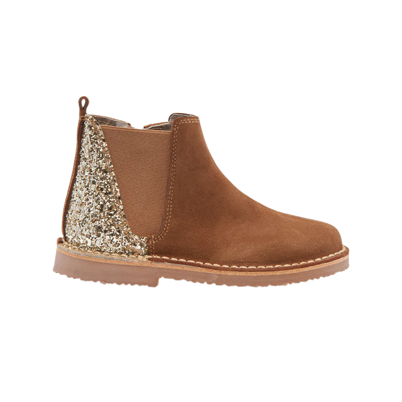 ChildrenChic Gold Sparkle Suede Chelsea Boots - Camel - Bibs and