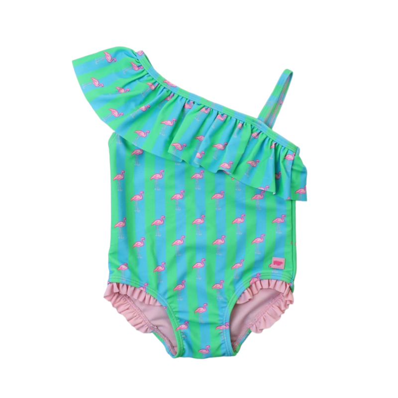 RuffleButts Neon Flamingo Stripe One Shoulder Ruffle 1pc