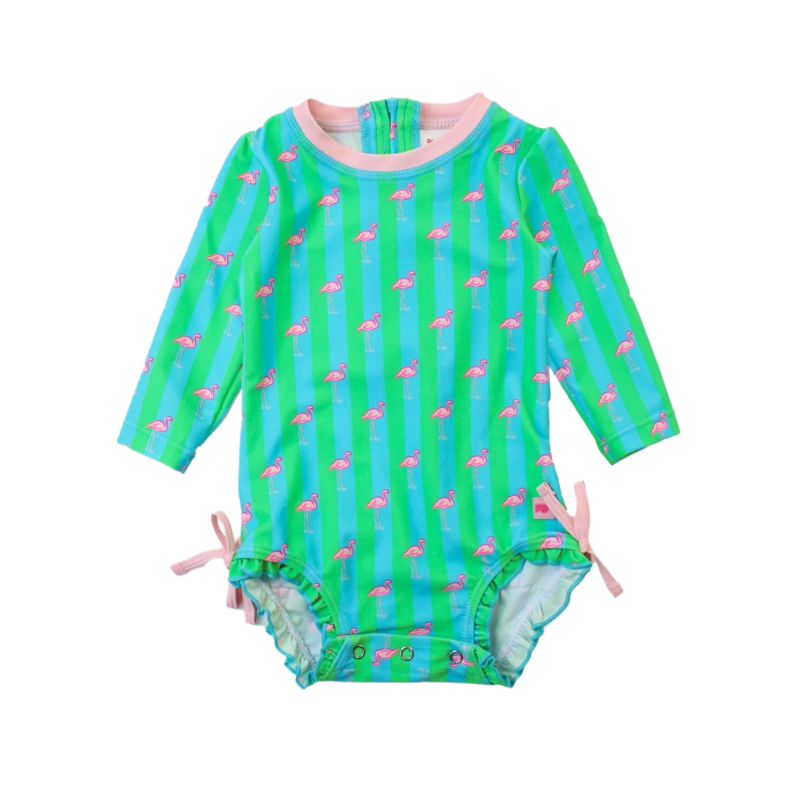 RuffleButts Neon Flamingo Stripe 1pc Rash Guard