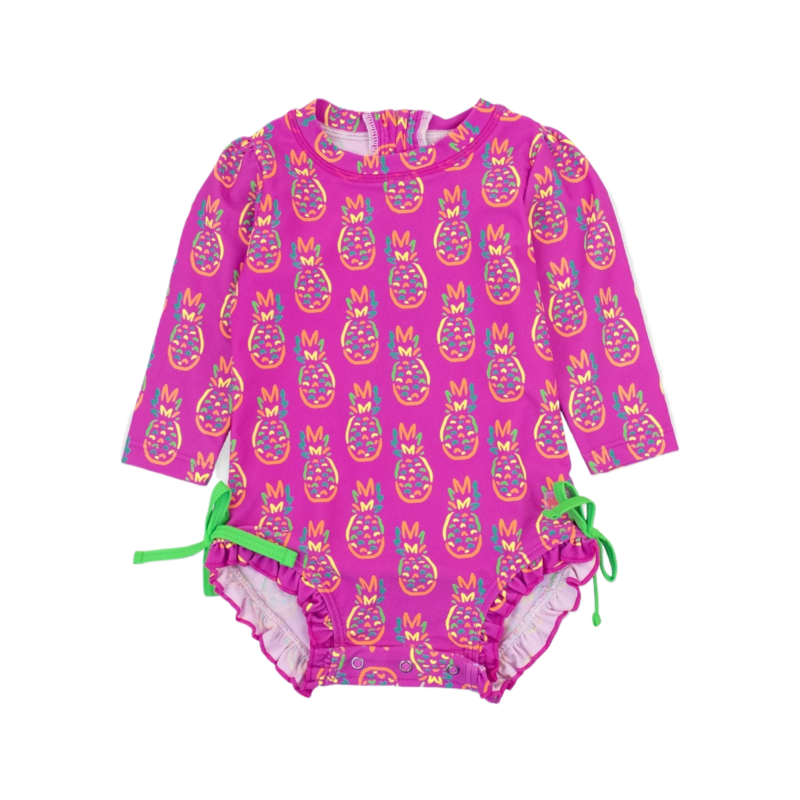 RuffleButts Neon Violet Pineapples 1pc Rash Guard